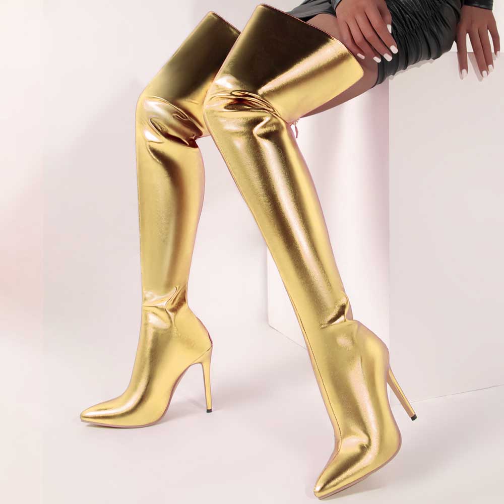 Gold Shiny leather high heel over the knee boots for women in metallic gold with pointed toes
