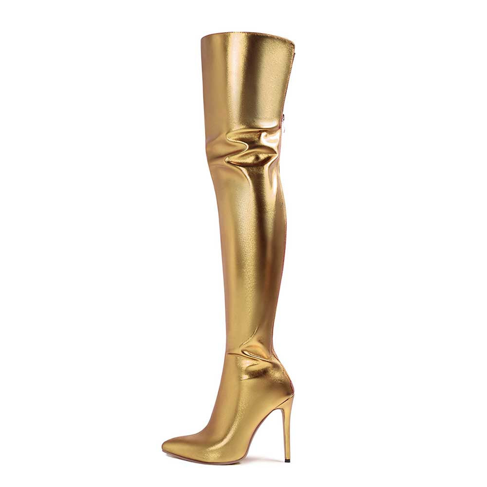 Shiny leather high heel over the knee boots for women in metallic gold color with pointed toe