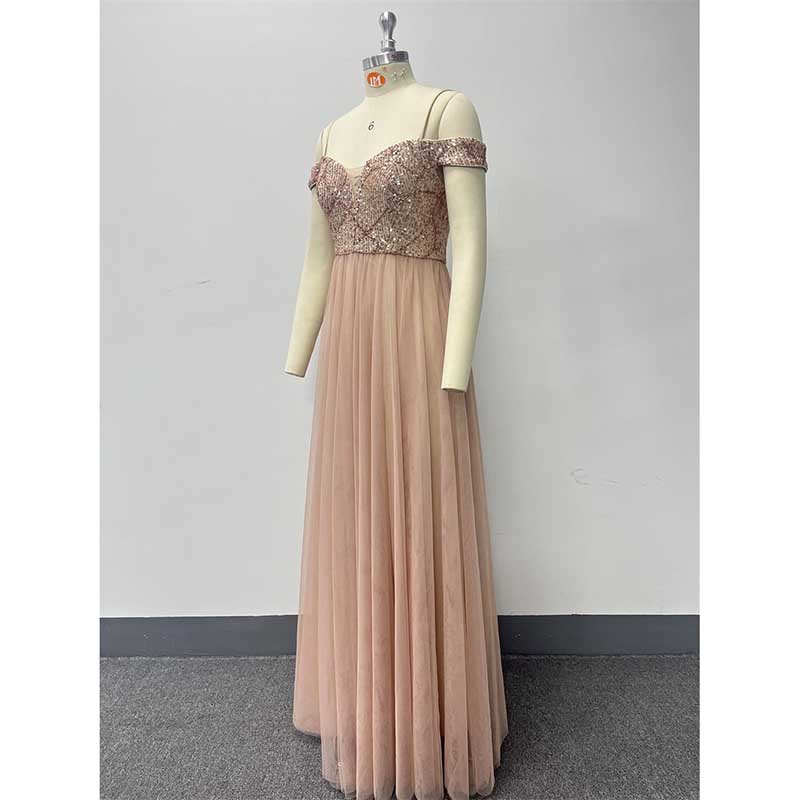 Rose Gold Long Prom Dress Off The Shoulder A Line Sequin Maxi Dress