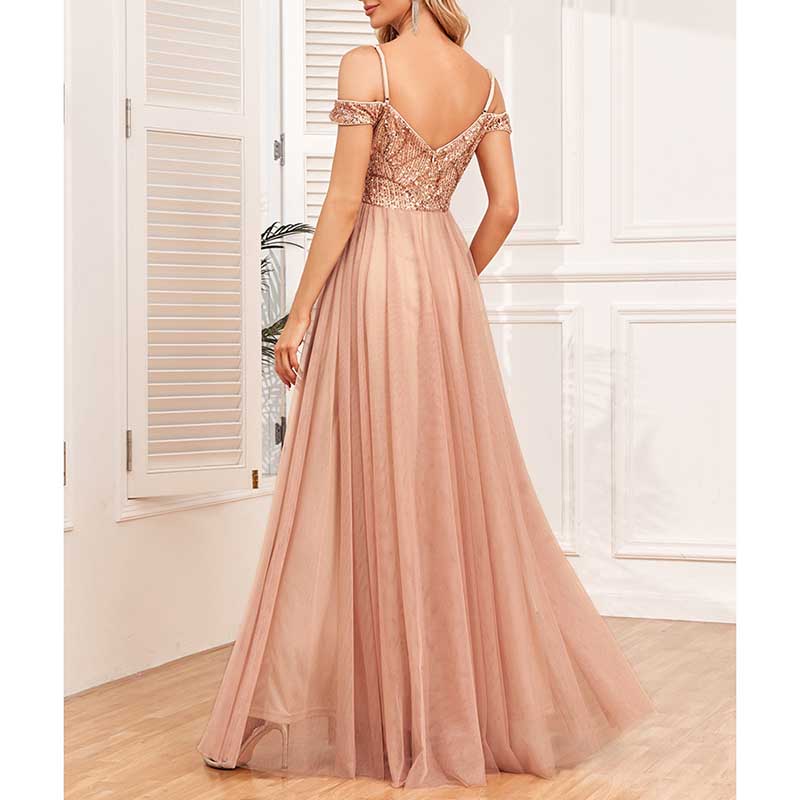 Rose Gold Long Prom Dress Off The Shoulder A Line Sequin Maxi Dress