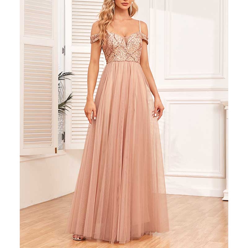 Rose Gold Long Prom Dress Off The Shoulder A Line Sequin Maxi Dress
