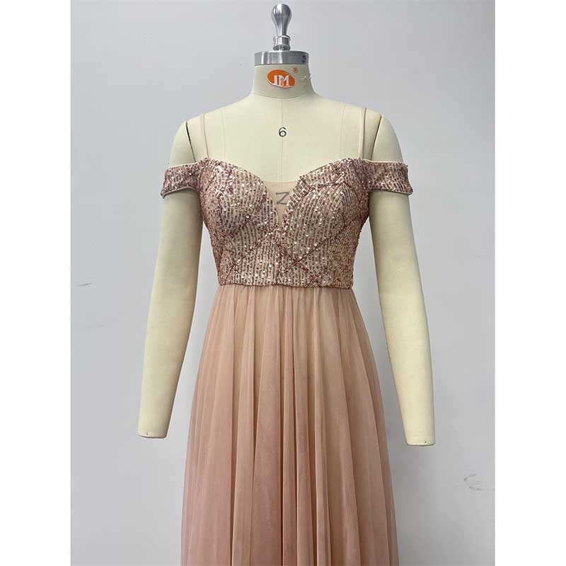 Rose Gold Long Prom Dress Off The Shoulder A Line Sequin Maxi Dress