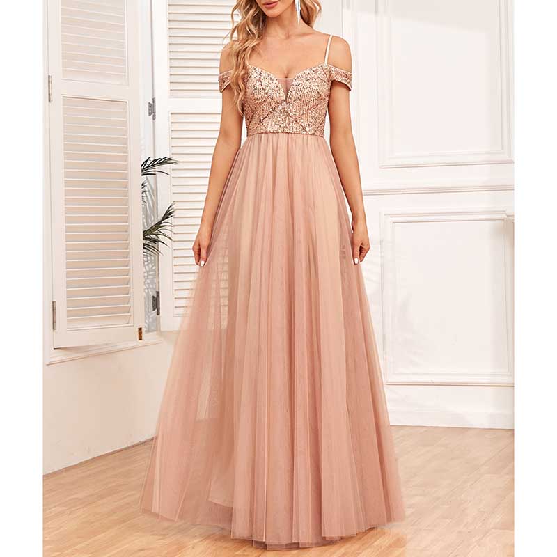 Rose Gold Long Prom Dress Off The Shoulder A Line Sequin Maxi Dress