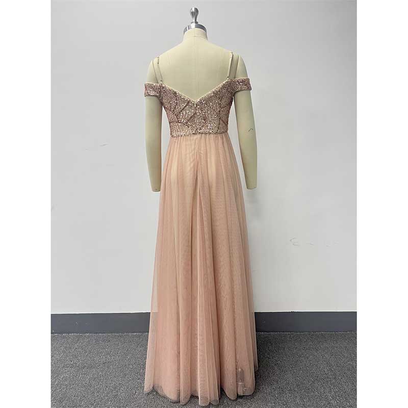Rose Gold Long Prom Dress Off The Shoulder A Line Sequin Maxi Dress
