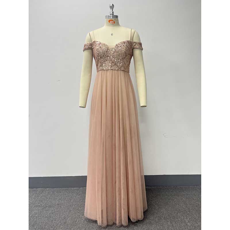 Rose Gold Long Prom Dress Off The Shoulder A Line Sequin Maxi Dress