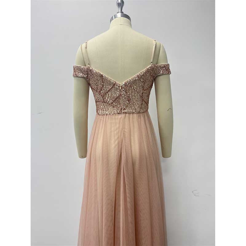 Rose Gold Long Prom Dress Off The Shoulder A Line Sequin Maxi Dress