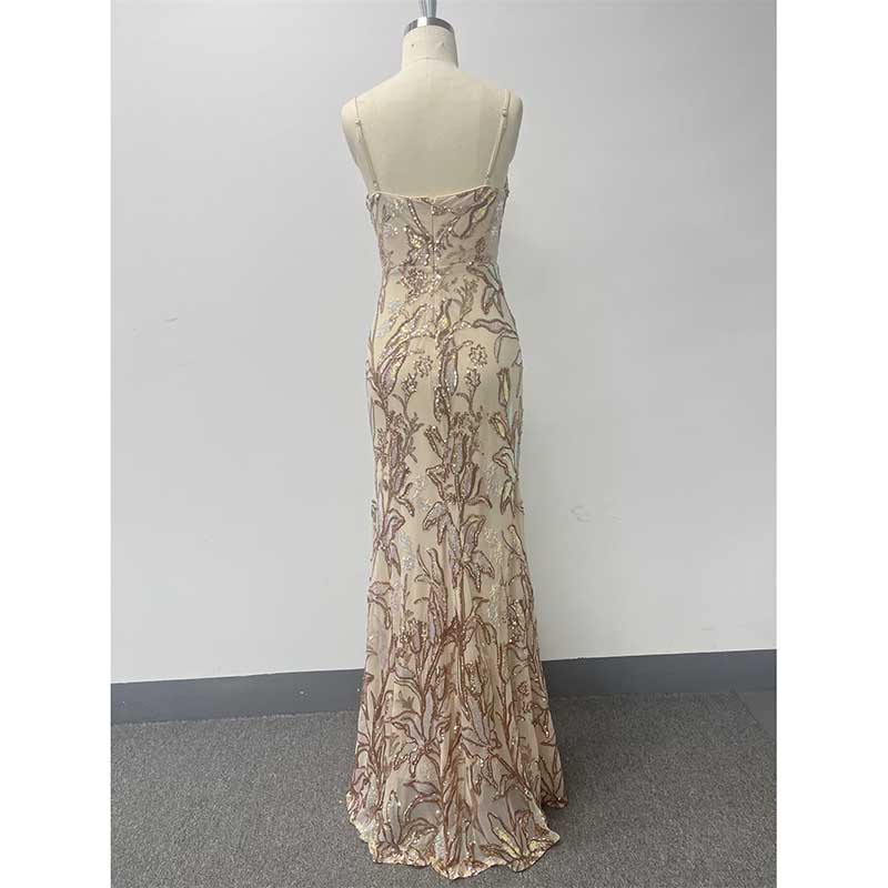 Gold Sequin Long Prom Dress A Line High Split Long Evening Dress