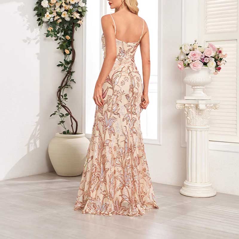 Gold Sequin Long Prom Dress A Line High Split Long Evening Dress