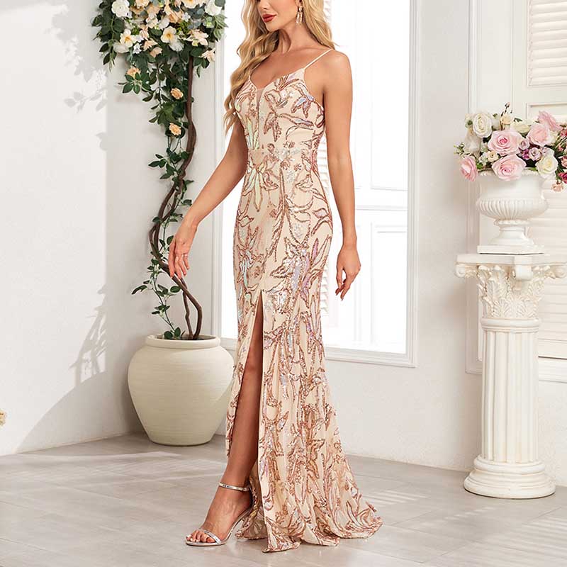 Gold Sequin Long Prom Dress A Line High Split Long Evening Dress