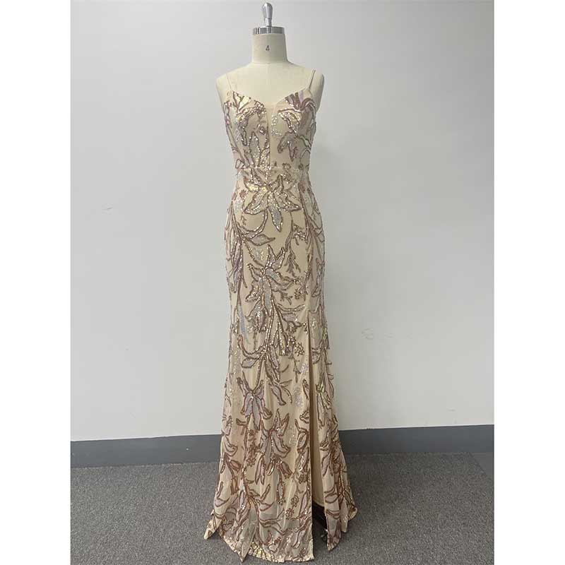 Gold Sequin Long Prom Dress A Line High Split Long Evening Dress