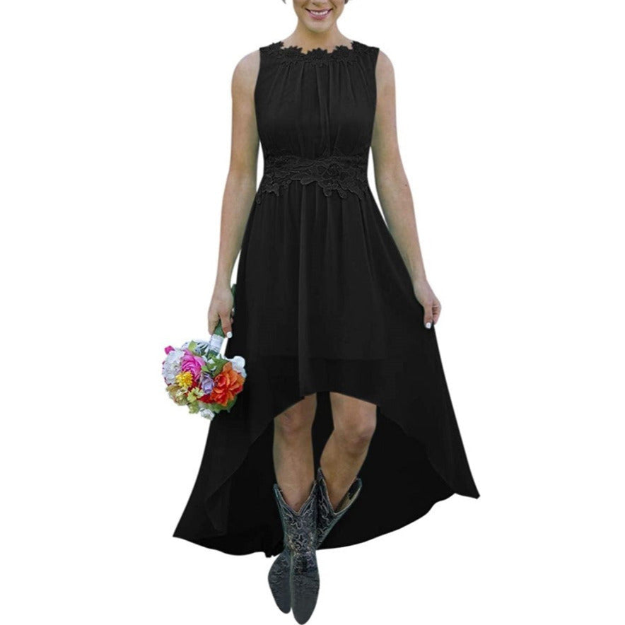 High low lace chiffon bridesmaid dress in black with sleeveless design and floral waist detailing
