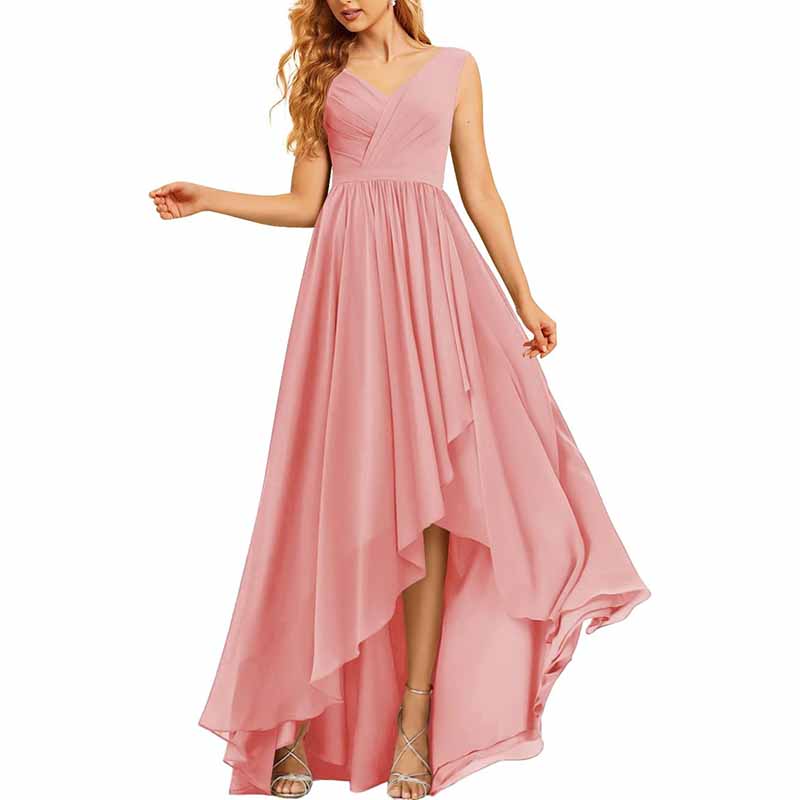 High Low Bridesmaid Dresses V Neck Formal Evening Party Dress with Pockets