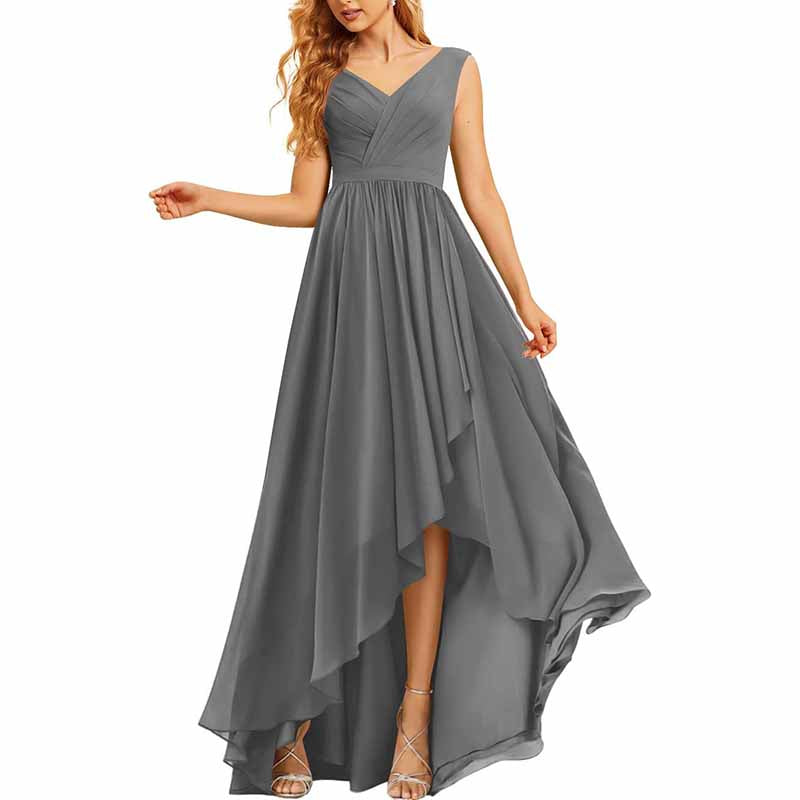 High Low Bridesmaid Dresses V Neck Formal Evening Party Dress with Pockets