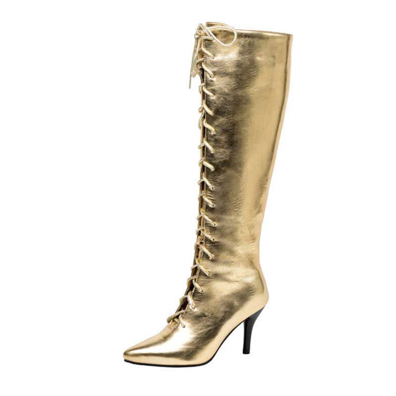 Gold tall lace up heeled boots for women with pointed toe and slim high heel
