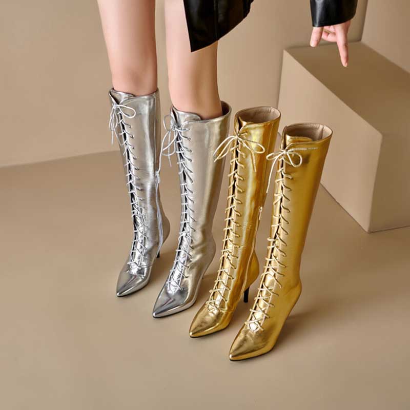 Silver and gold lace up heeled boots for women with pointed toes and mid-calf length