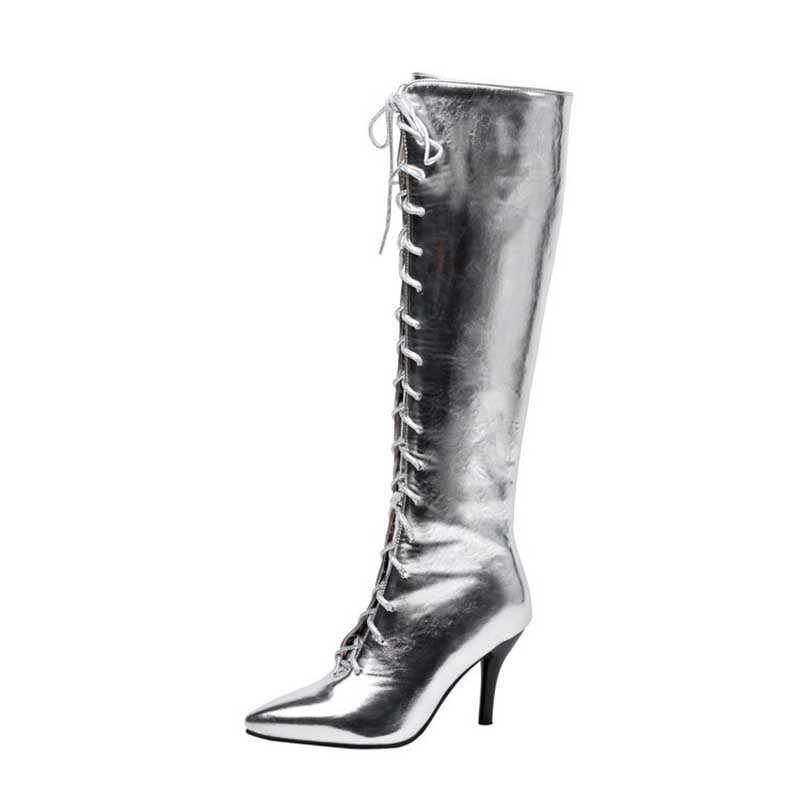 Silver tall lace up heeled boots for women with pointed toe and slim high heel