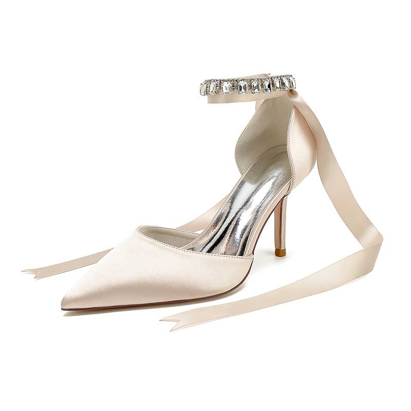 3.35" Satin Prom Shoes Heeled Lace-Up Bridal Shoes For Wedding