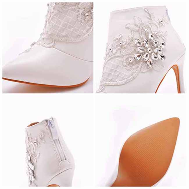 lace wedding boots for bride with high heels and floral crystal embellishments