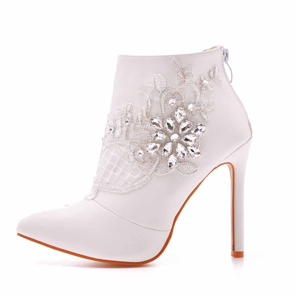 white high heels lace wedding boots for bride with floral lace and rhinestone embellishments