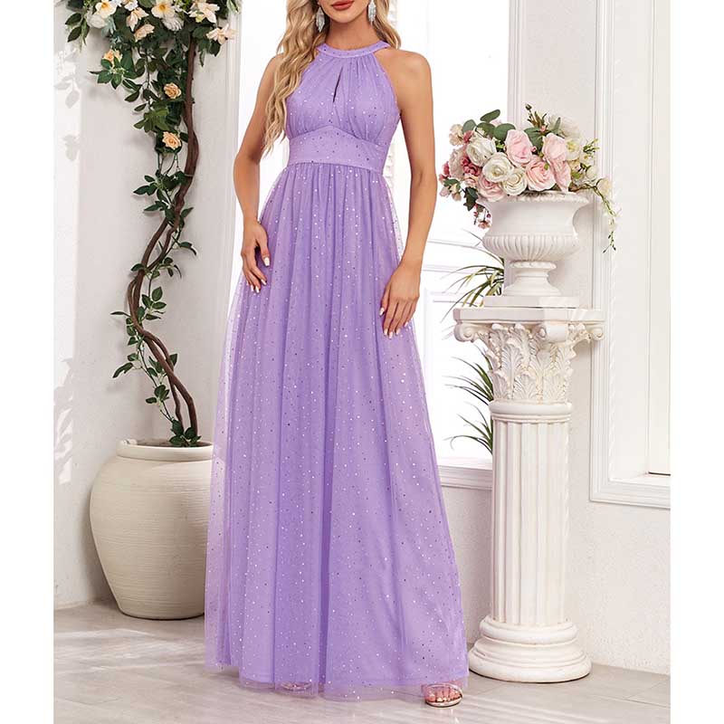Halter Neck Wedding Guest Dress Tulle Long Prom Dress Lavender Maxi Dress