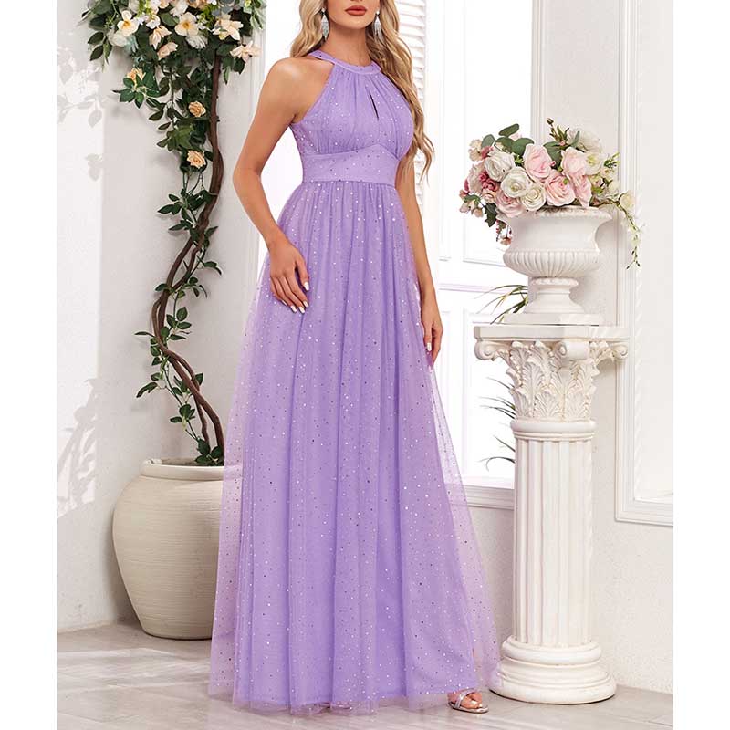 Halter Neck Wedding Guest Dress Tulle Long Prom Dress Lavender Maxi Dress