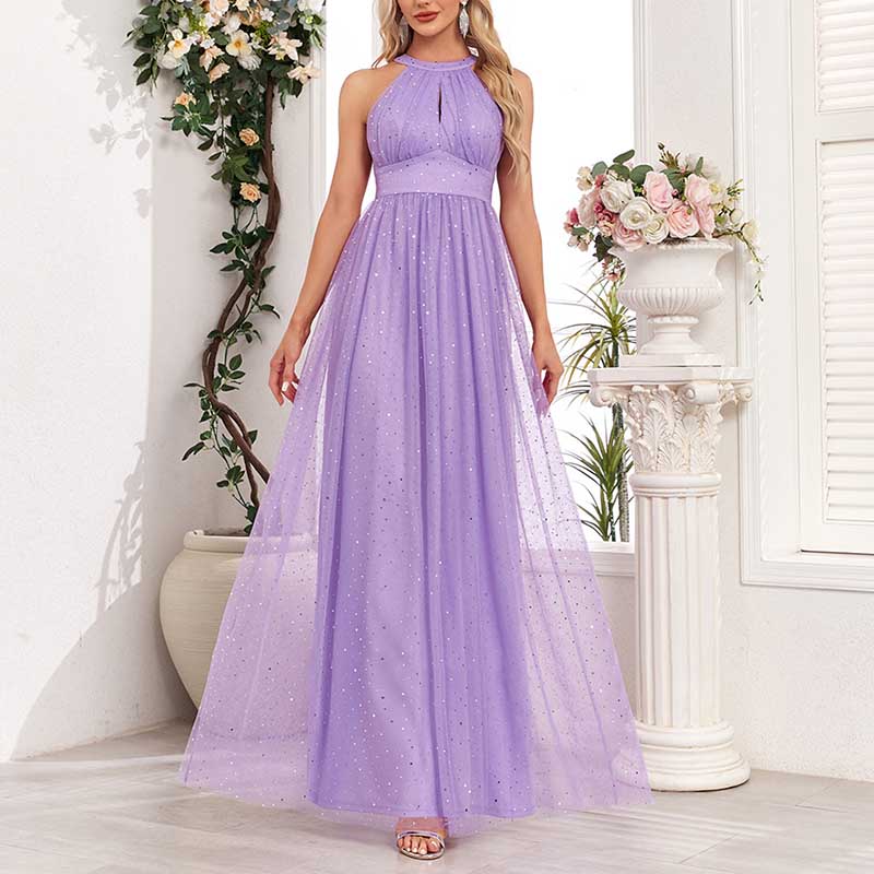 Halter Neck Wedding Guest Dress Tulle Long Prom Dress Lavender Maxi Dress
