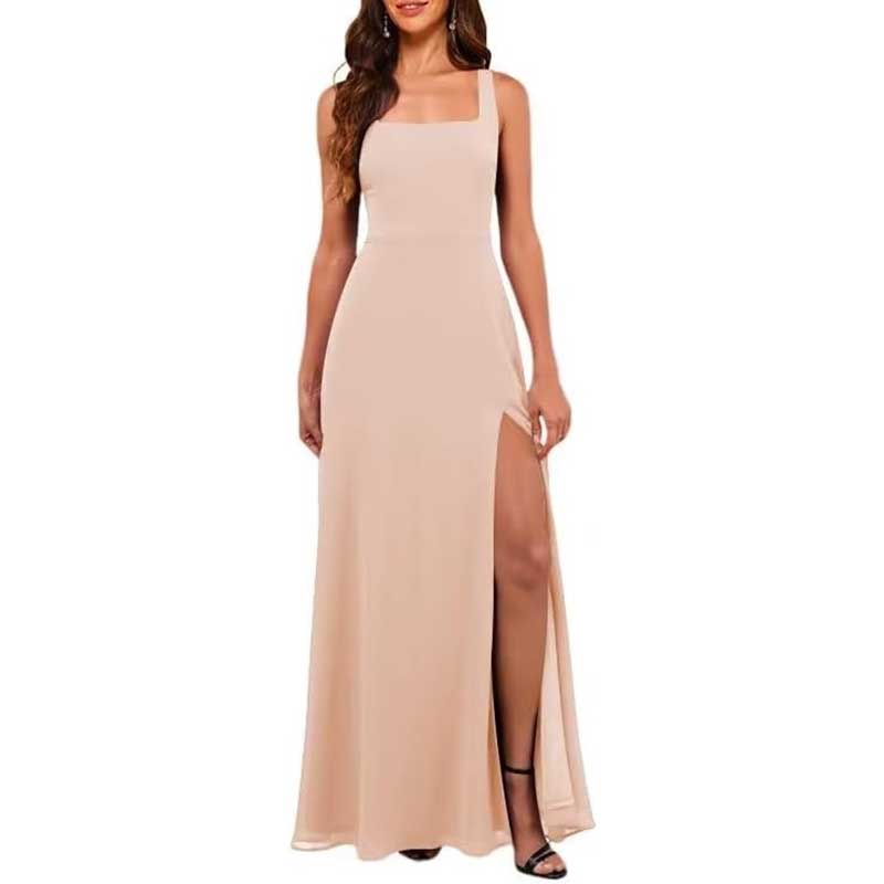 Elegant beige chiffon bridesmaid dress with high split and square neckline for formal occasions
