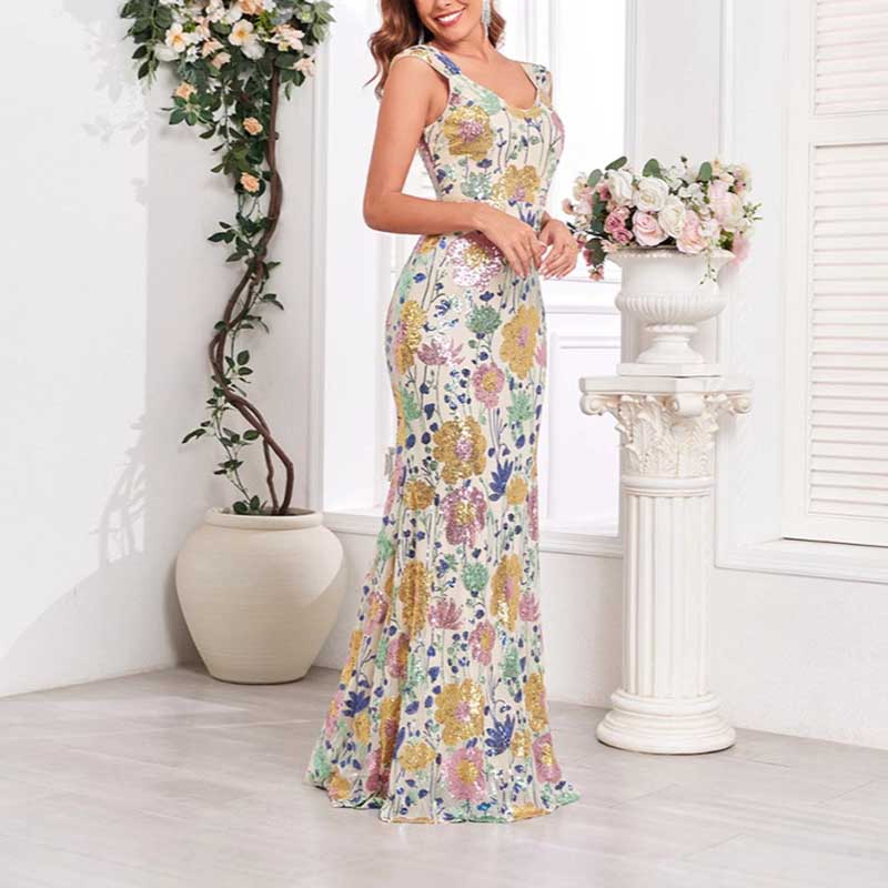 Floral Prom Sequin Wedding Guest Dress Long Evening Dress