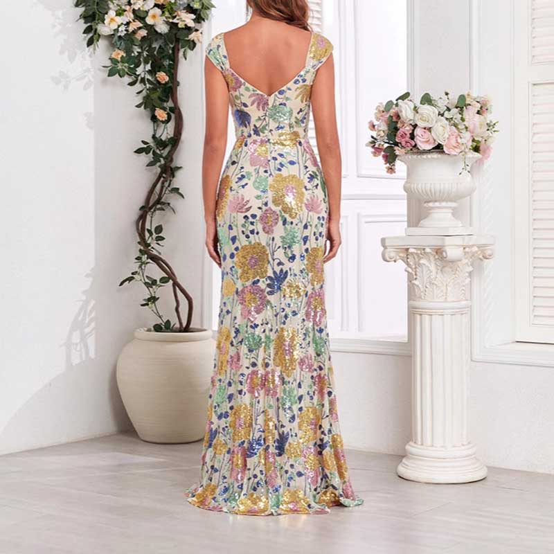 Floral Prom Sequin Wedding Guest Dress Long Evening Dress