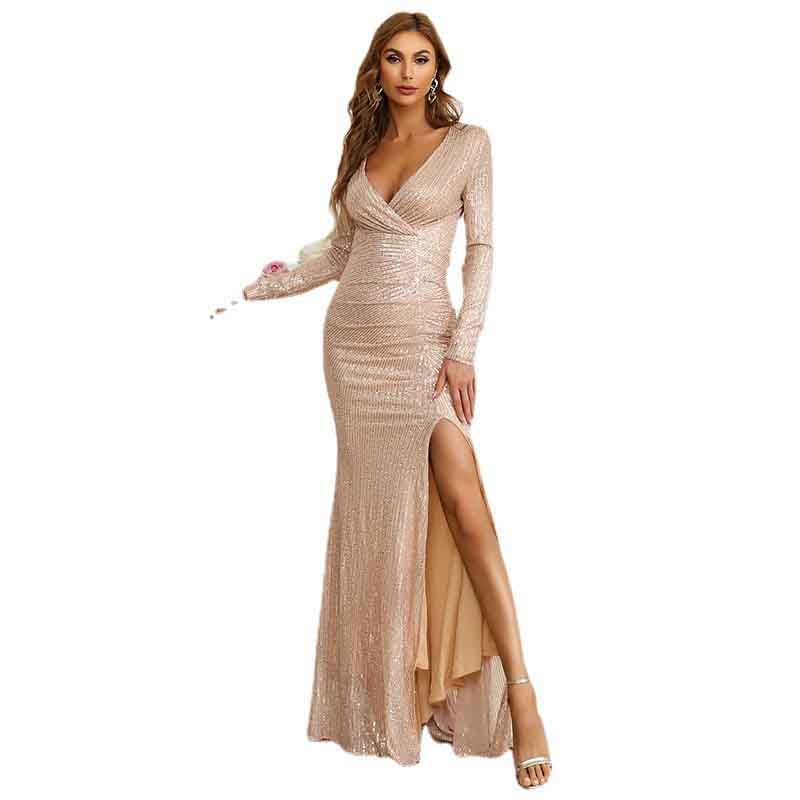 V-Neck Gold Prom Dress High Split Long Evening Dress