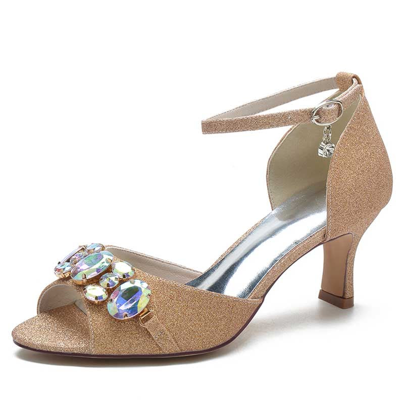 Rhinestone Sandals Glitter Ankle Strap Low Heels Dress Shoes
