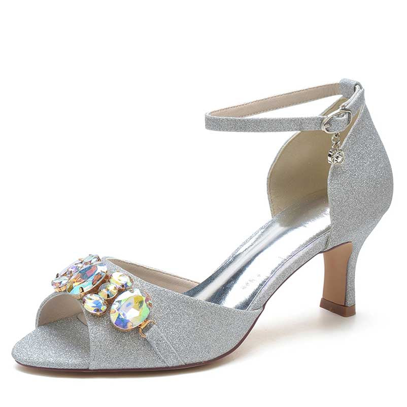 Rhinestone Sandals Glitter Ankle Strap Low Heels Dress Shoes