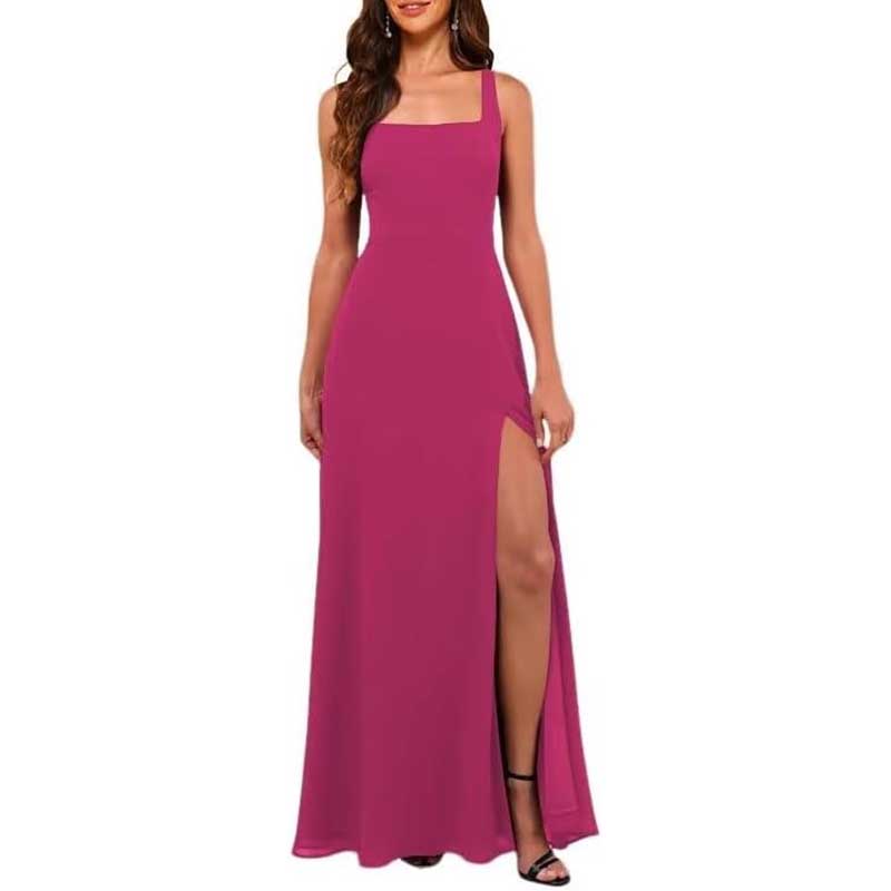 Elegant chiffon bridesmaid dress with high split in vibrant pink sleeveless prom dress