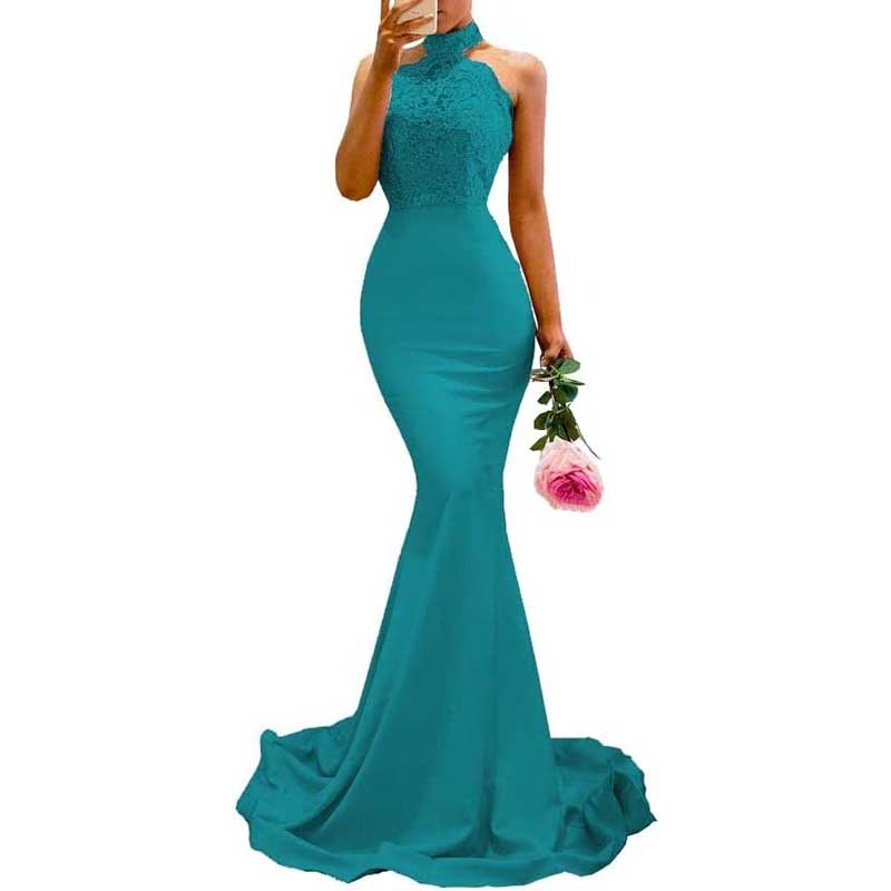 Halter-Neck Mermaid Bridesmaid Dress Satin Porm Dress Ball Gown