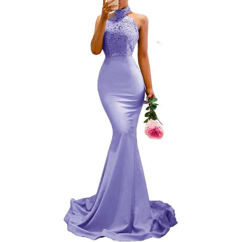 Halter-Neck Mermaid Bridesmaid Dress Satin Porm Dress Ball Gown