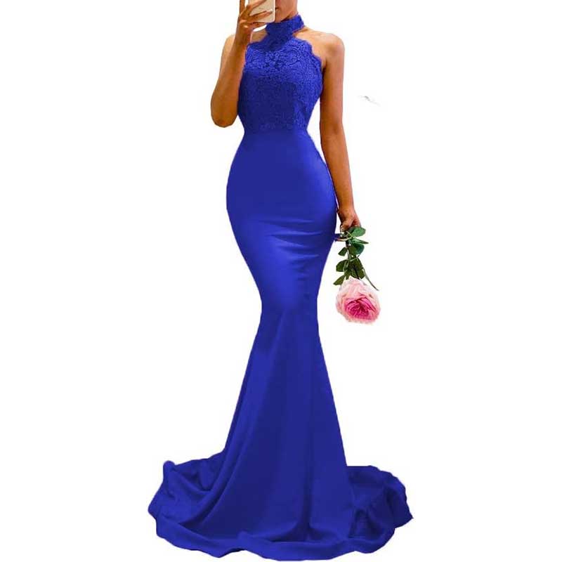 Halter-Neck Mermaid Bridesmaid Dress Satin Porm Dress Ball Gown