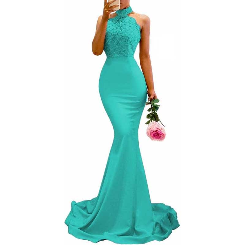 Halter-Neck Mermaid Bridesmaid Dress Satin Porm Dress Ball Gown