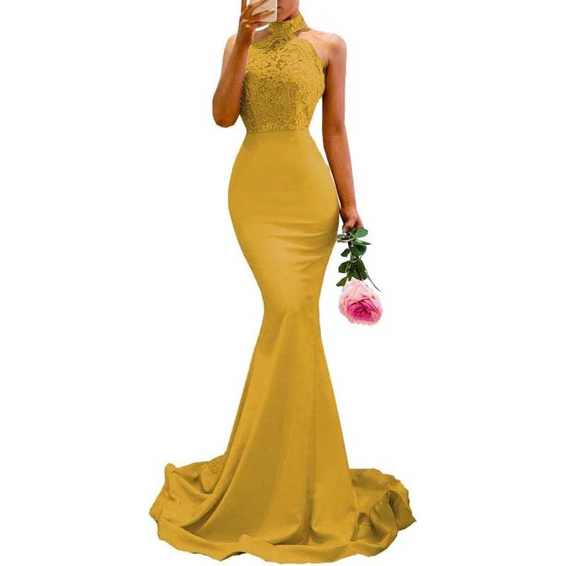 Halter-Neck Mermaid Bridesmaid Dress Satin Porm Dress Ball Gown
