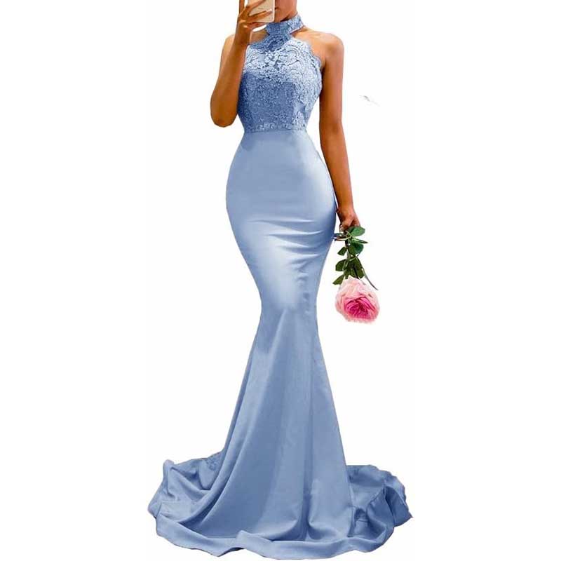 Halter-Neck Mermaid Bridesmaid Dress Satin Porm Dress Ball Gown