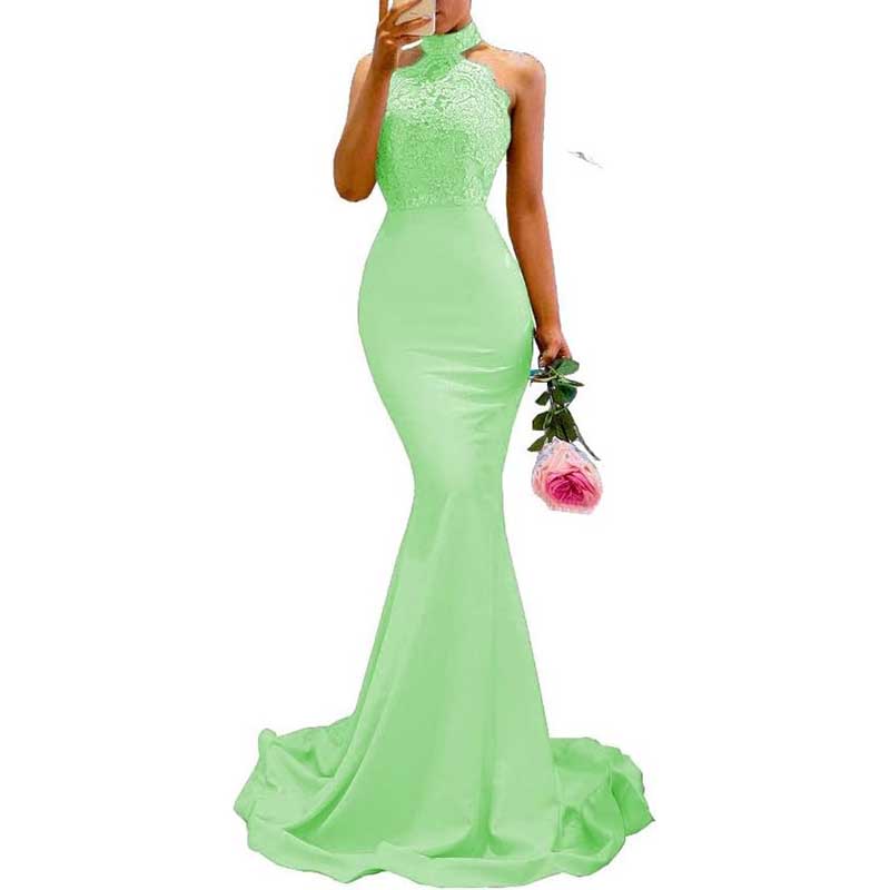 Halter-Neck Mermaid Bridesmaid Dress Satin Porm Dress Ball Gown