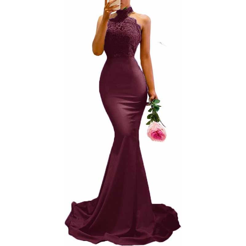 Halter-Neck Mermaid Bridesmaid Dress Satin Porm Dress Ball Gown