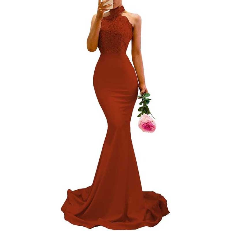 Halter-Neck Mermaid Bridesmaid Dress Satin Porm Dress Ball Gown