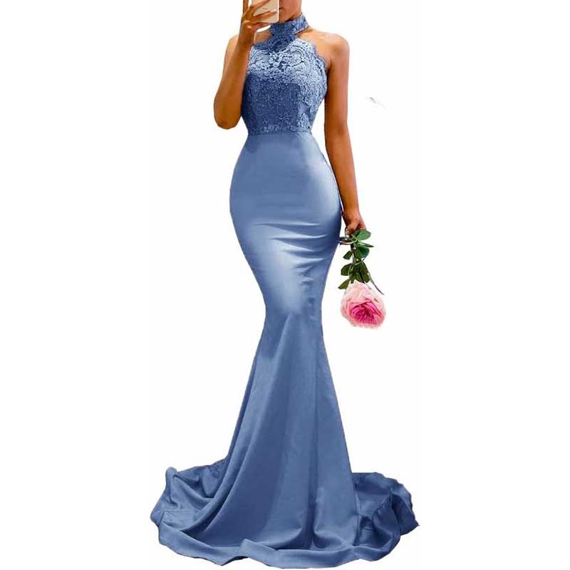 Halter-Neck Mermaid Bridesmaid Dress Satin Porm Dress Ball Gown