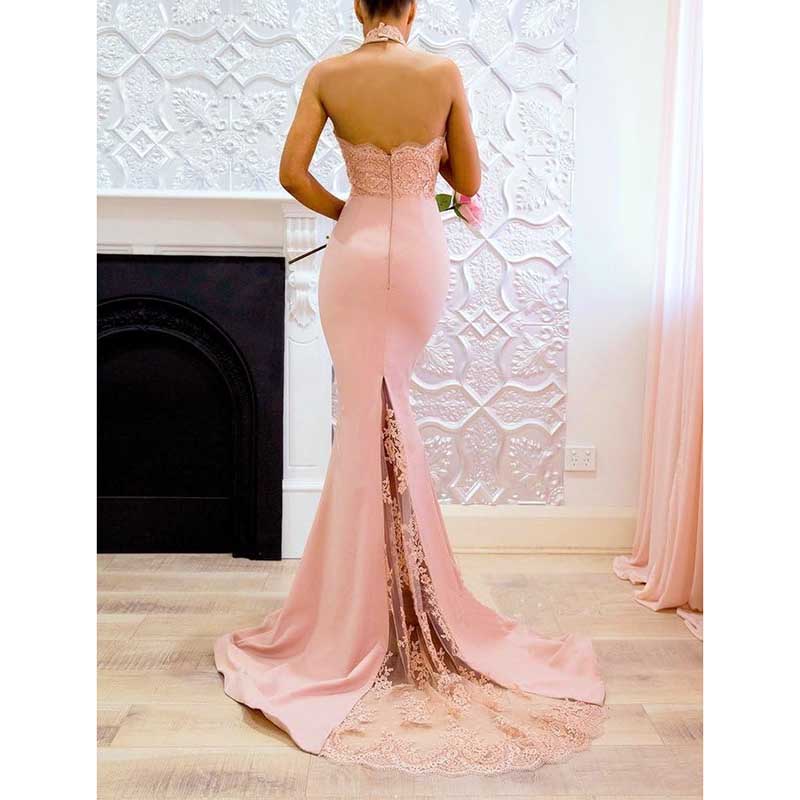 Halter-Neck Mermaid Bridesmaid Dress Satin Porm Dress Ball Gown