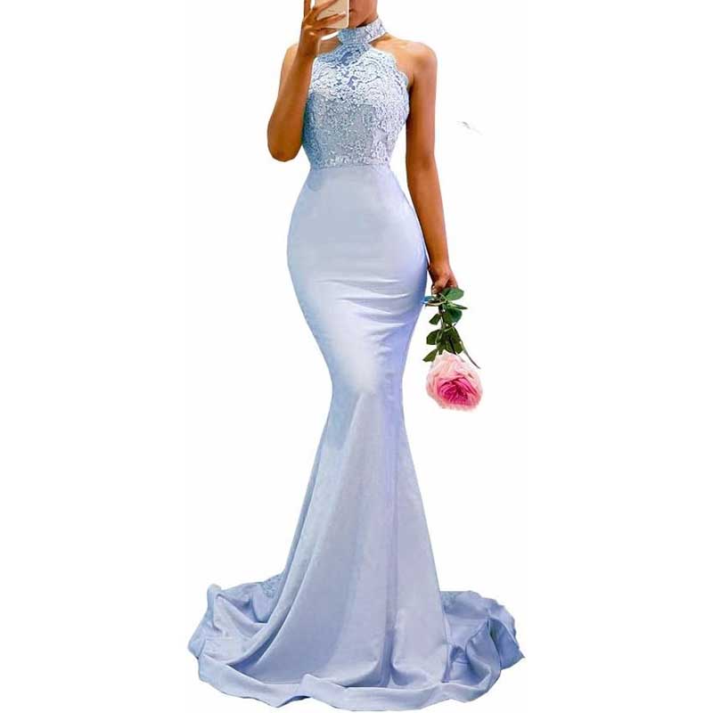 Halter-Neck Mermaid Bridesmaid Dress Satin Porm Dress Ball Gown