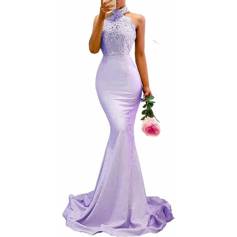 Halter-Neck Mermaid Bridesmaid Dress Satin Porm Dress Ball Gown