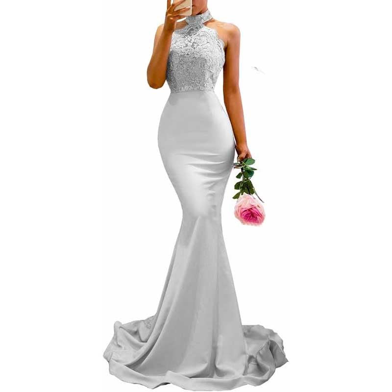 Halter-Neck Mermaid Bridesmaid Dress Satin Porm Dress Ball Gown