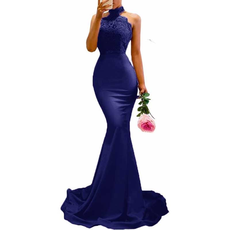 Halter-Neck Mermaid Bridesmaid Dress Satin Porm Dress Ball Gown