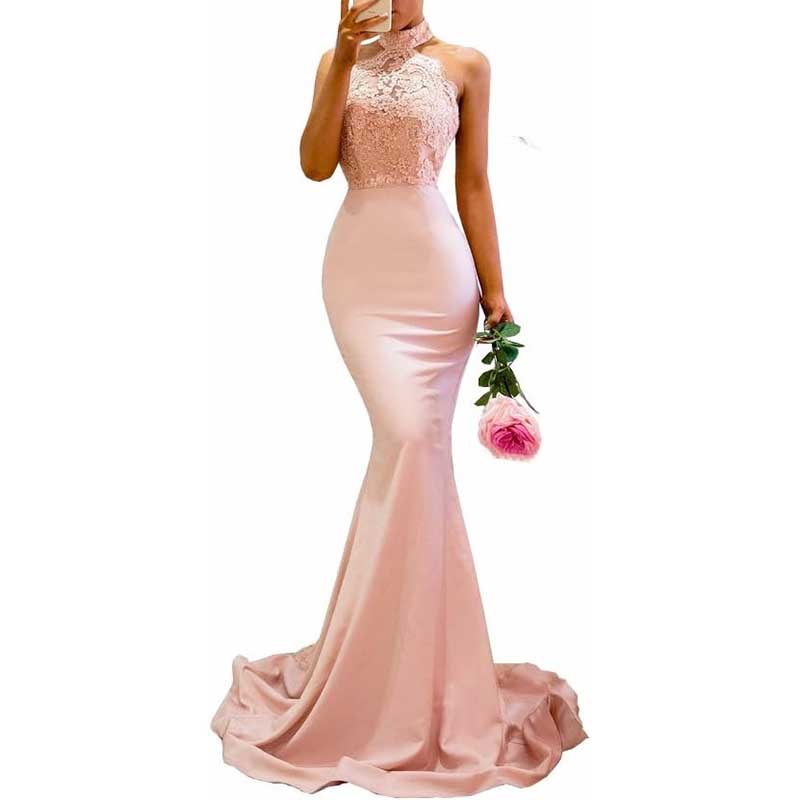 Halter-Neck Mermaid Bridesmaid Dress Satin Porm Dress Ball Gown