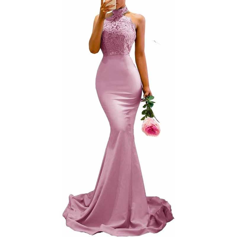 Halter-Neck Mermaid Bridesmaid Dress Satin Porm Dress Ball Gown